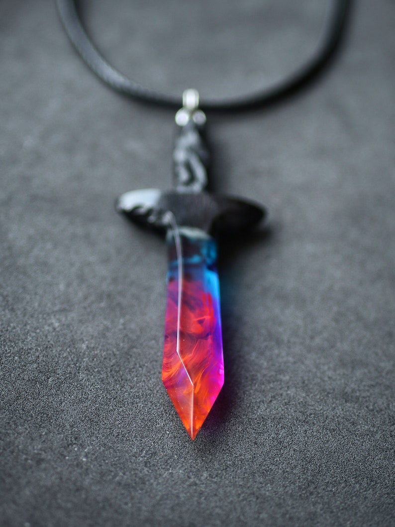 Wood resin pendant Sword pendant Resin jewelry Glow in the dark Handmade jewelry image 3