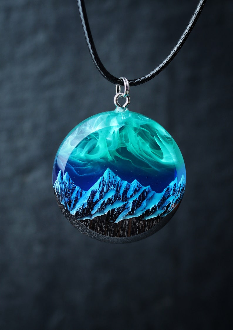 Aurora borealis Wood resin jewelry Northern lights Wood resin necklace Resin wood pendant Glow in the dark Gift for Her Birthday gift image 8