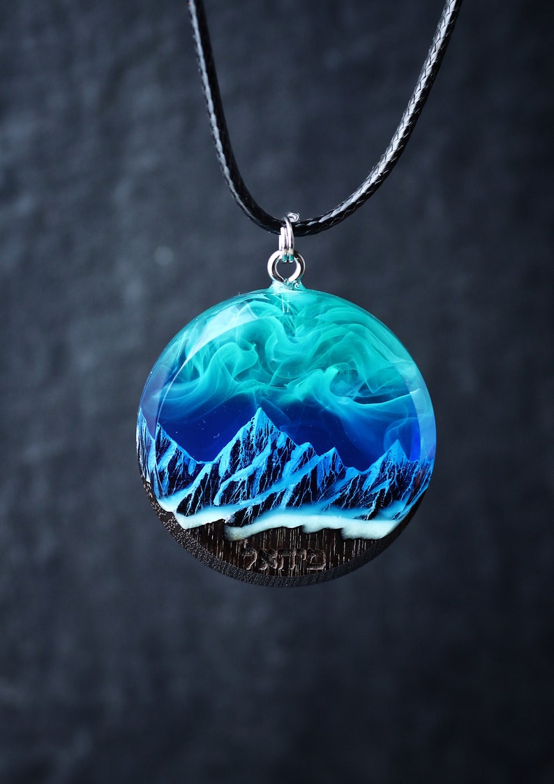 Aurora borealis Wood resin jewelry Northern lights Wood resin necklace Resin wood pendant Glow in the dark Gift for Her Birthday gift image 4