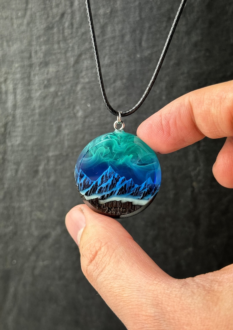 Aurora borealis Wood resin jewelry Northern lights Wood resin necklace Resin wood pendant Glow in the dark Gift for Her Birthday gift image 10