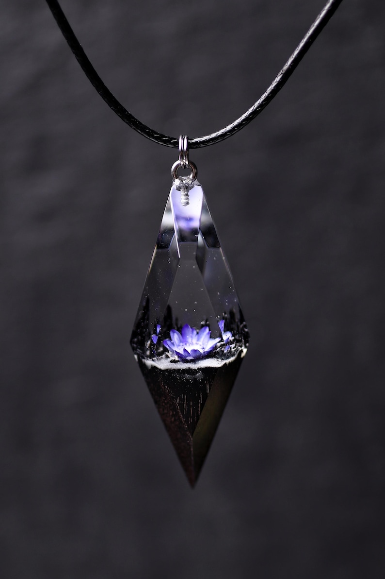 Epoxy Resin Real Flower Pendant Necklace - Handmade Wood Epoxy Resin jewelry, Nature inspired gift for her, Personalized Birthday gift image 3