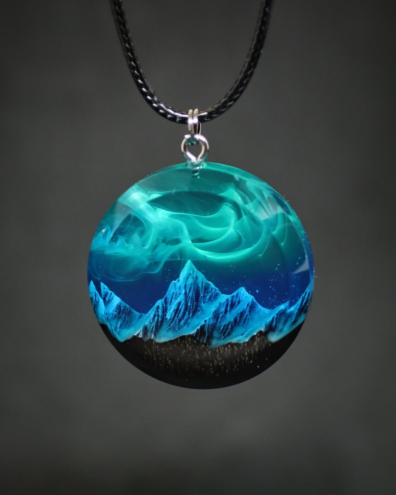 Aurora borealis Wood resin jewelry Northern lights Wood resin necklace Resin wood pendant Glow in the dark Gift for Her Birthday gift image 1