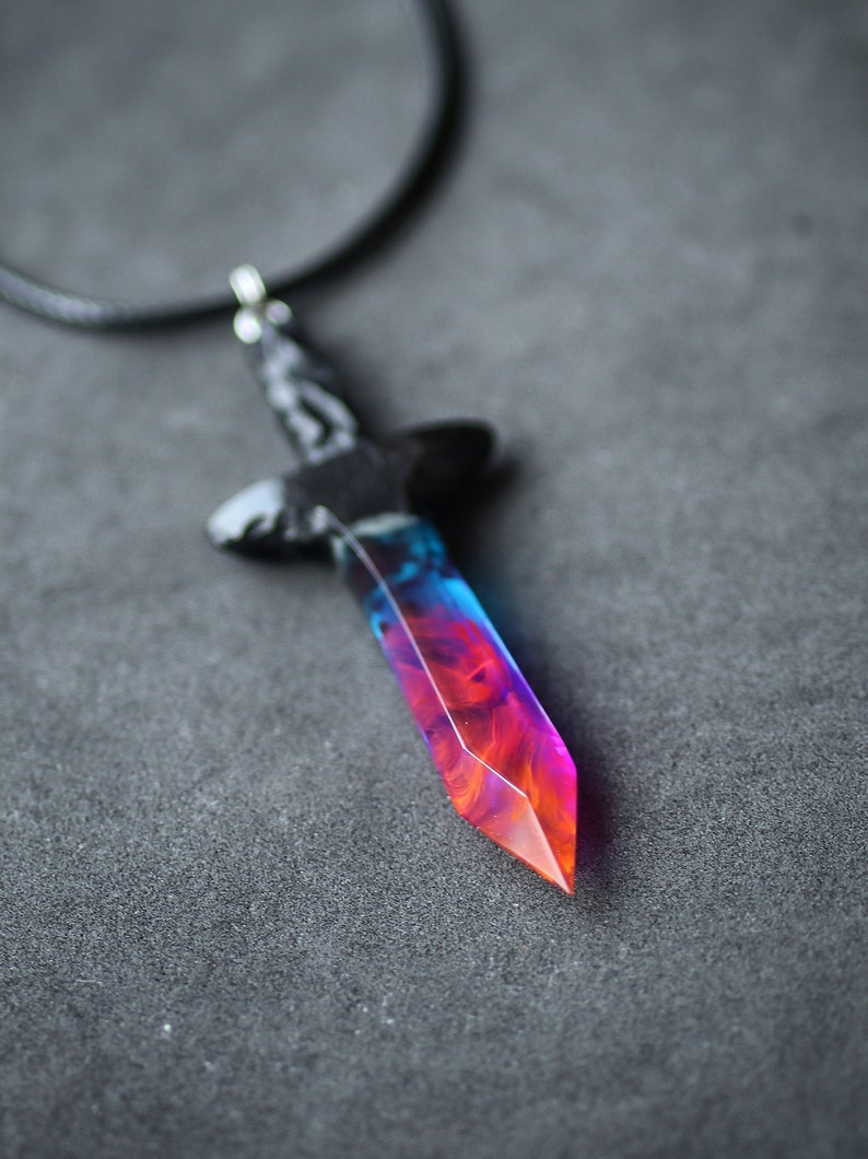 Wood resin pendant Sword pendant Resin jewelry Glow in the dark Handmade jewelry image 1