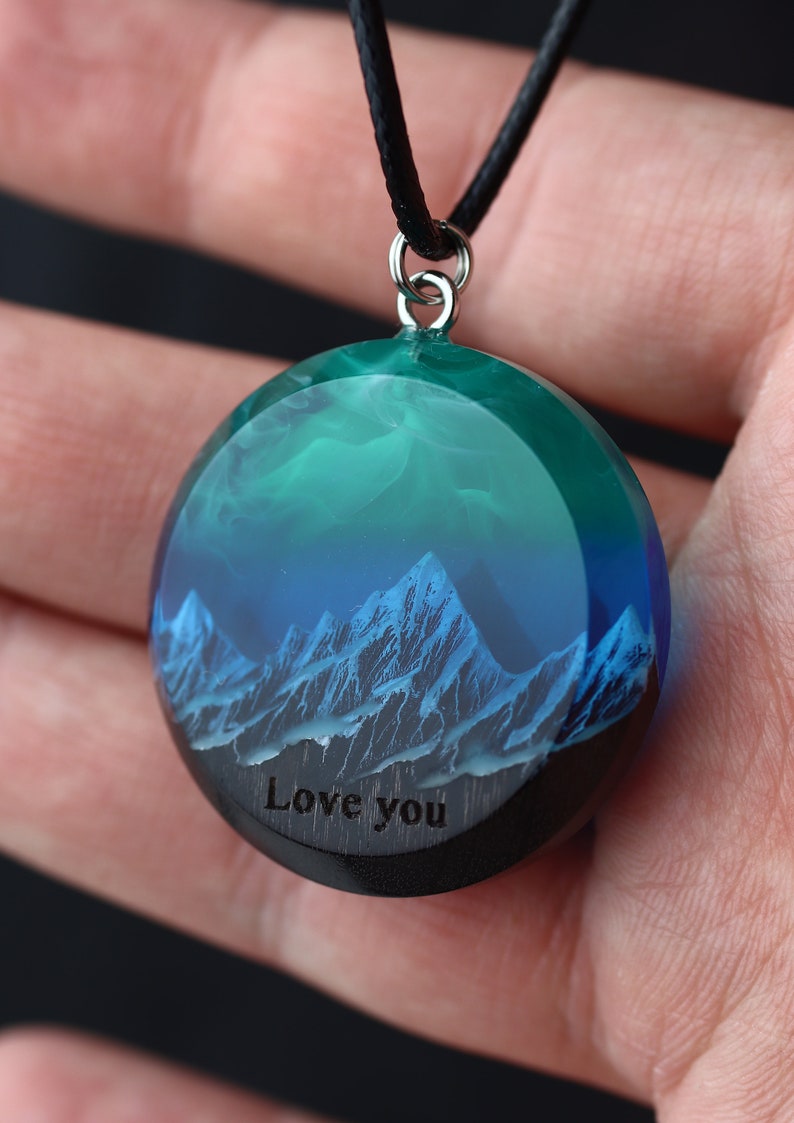 Aurora borealis Wood resin jewelry Northern lights Wood resin necklace Resin wood pendant Glow in the dark Gift for Her Birthday gift image 6