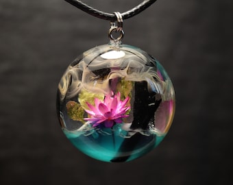 Lotus necklace Wood resin pendant Flower necklace Glow in the dark