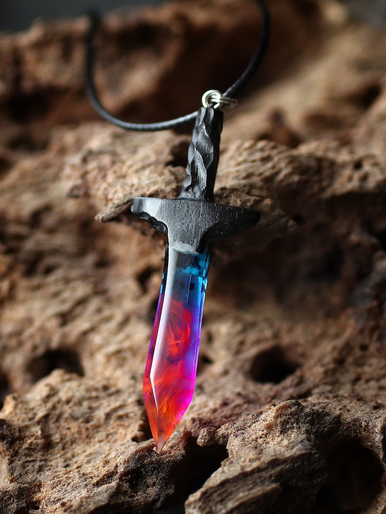 Wood resin pendant Sword pendant Resin jewelry Glow in the dark Handmade jewelry image 2