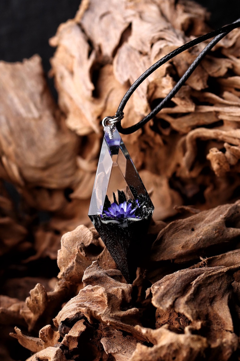 Epoxy Resin Real Flower Pendant Necklace - Handmade Wood Epoxy Resin jewelry, Nature inspired gift for her, Personalized Birthday gift image 2
