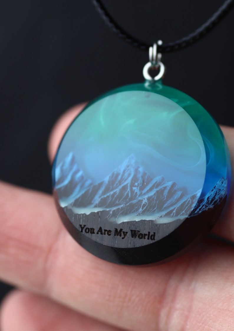 Aurora borealis Wood resin jewelry Northern lights Wood resin necklace Resin wood pendant Glow in the dark Gift for Her Birthday gift image 7