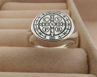 St Benedict Medal Cross Ring for Men 15 mm Round Sterling Silver, Religious Jewelry, St Benedict Ring, Saint Benedict, Cross Exorcism Ring