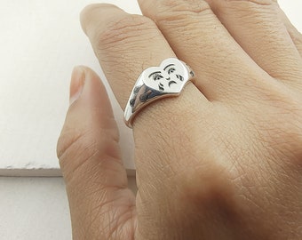 Signet Ring Crying Heart Ring Sterling Silver Crying Heart Face