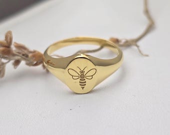 Anillo de sello de abeja / Anillo grabado de abeja de miel en oro de 14 quilates / Regalos para amantes de las abejas / Plata de ley