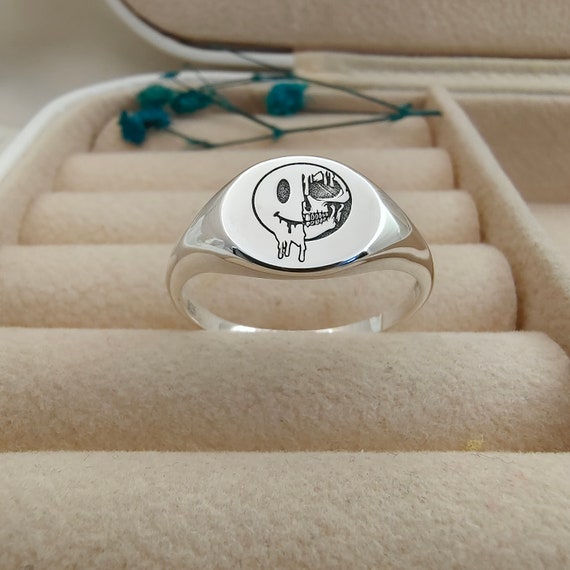 Melting Smiley Skull Ring Dripping Smiley Ring Smiley Ring 12 Mm Sterling Silver Happy Face Ring Men Women Signet Ring Melting Faces Etsy