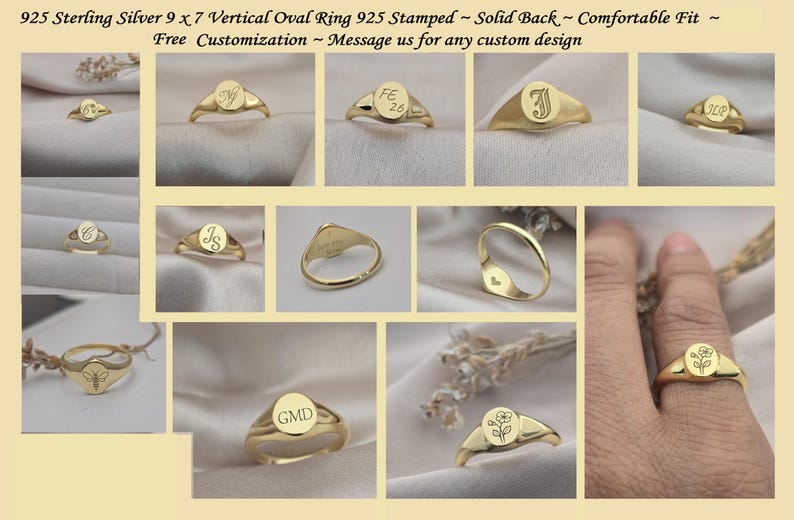 Puede incluir: Una colecci&oacute;n de anillos ovalados verticales dorados. Algunos anillos presentan iniciales, una flor o un dise&ntilde;o de abeja. Los anillos est&aacute;n estampados con "925" y miden aproximadamente 9 x 7 mm. Los anillos se muestran sobre una tela color crema.