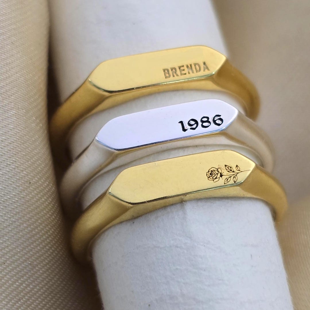 Custom Engraved Signet Ring | Personalized Name Date Year Flower ...