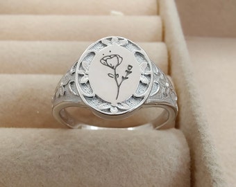 Flower Signet Ring Botanical Flowers, Sterling Silver Flower Rings Personalized Gifts, Valentines Day Ring Floral Gifts