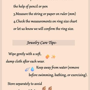 Puede incluir: Una gu&iacute;a para la medici&oacute;n de anillos y consejos para el cuidado de joyas sobre un fondo beige. Las instrucciones incluyen el uso de papel o hilo para medir, y consejos para limpiar y guardar joyas.