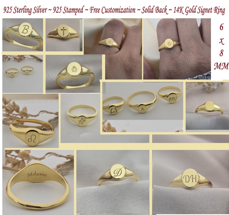 Puede incluir: Una colecci&oacute;n de anillos de sello dorados, algunos con iniciales, s&iacute;mbolos o nombres grabados. Los anillos se muestran en varios estilos, incluyendo dise&ntilde;os ovalados y redondos. La imagen tambi&eacute;n incluye el texto "925 Sterling Silver ~ 925 Stamped ~ Free Customization ~ Solid Back ~ 14K Gold Signet Ring". Los anillos miden 6 x 8 mm.