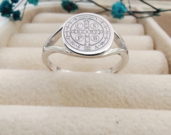 St Benedict Medal Cross Ring, 925 Sterling Silver, Religious Jewelry, St Benedict Ring, Saint Benedict Signet Ring, Cross Exorcism Ring