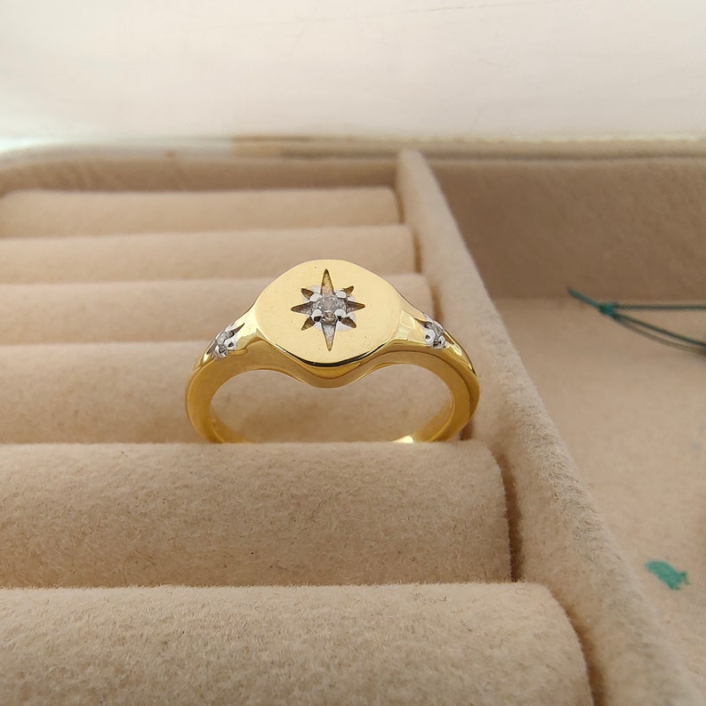 Polar Star Ring Sterling Silver CZ Ring, North Star Ring, Polaris Ring, Star Signet Ring, Starburst Ring, Celestial Ring, Womens Ring Gold image 2