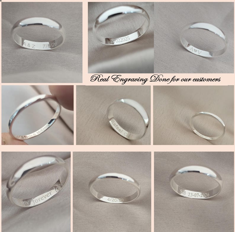 Puede incluir: Varios anillos de plata con grabados personalizados. Los anillos muestran varias fechas, iniciales y la palabra "forever". Tambi&eacute;n se ve el texto "Real Engraving Done for our customers".