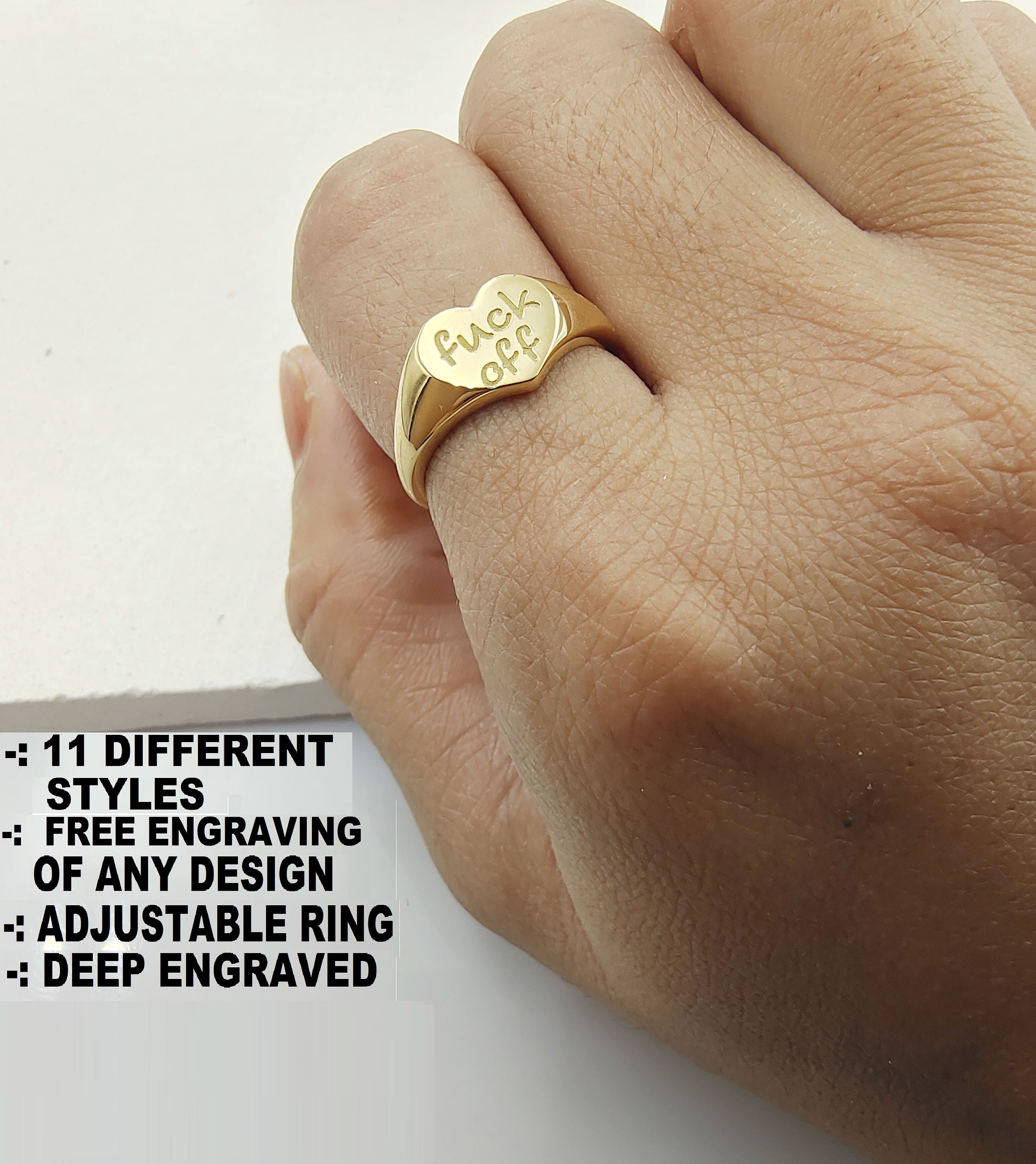 Sterling Silver Fuck off Ring, Fuck Ring, Heart Signet Ring
