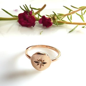 Sterling Silver Signet Ring, Star Signet Ring, CZ Stone Signet Ring, Polaris Ring, Protection Ring, Unique North Star Polar Signet Ring Rose gold