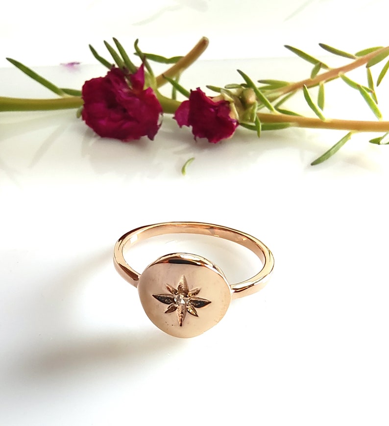 Sterling Silver Signet Ring, Star Signet Ring, CZ Stone Signet Ring, Polaris Ring, Protection Ring, Unique North Star Polar Signet Ring Rose gold