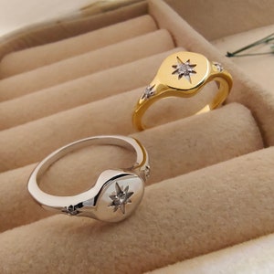 Polar Star Ring Sterling Silver CZ Ring, North Star Ring, Polaris Ring, Star Signet Ring, Starburst Ring, Celestial Ring, Womens Ring Gold image 1