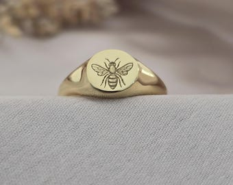Anillo de sello con abeja / Anillo grabado con abeja en oro de 14 quilates / Anillos minimalistas y delicados / Regalos para amantes de las abejas / Anillo grabable / Anillo de abeja en plata de ley
