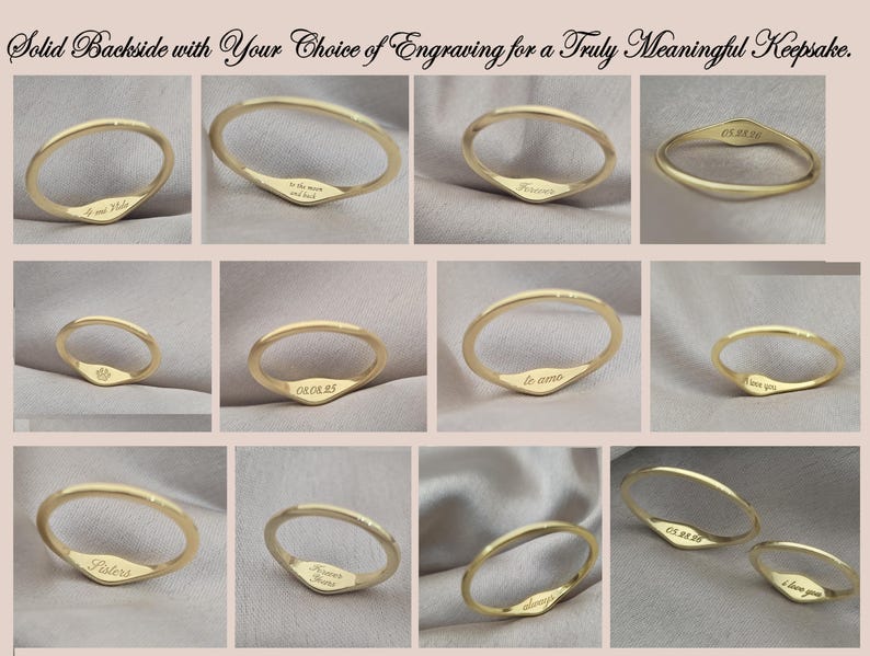 Op de afbeelding: Een collectie goudkleurige ringen met een plat, gegraveerd oppervlak op de ringband. Elke ring toont unieke aangepaste tekst of symbolen zoals datums, namen of zinnen zoals 'to the moon and back', 'forever', 'te amo', 'I love you' en 'Sisters'.