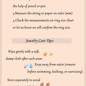 Puede incluir: Una gu&iacute;a de tallas de anillos y consejos para el cuidado de joyas sobre un fondo melocot&oacute;n claro. Las instrucciones incluyen el uso de papel o hilo para medir el tama&ntilde;o del dedo en mil&iacute;metros, y consejos para limpiar y guardar joyas.