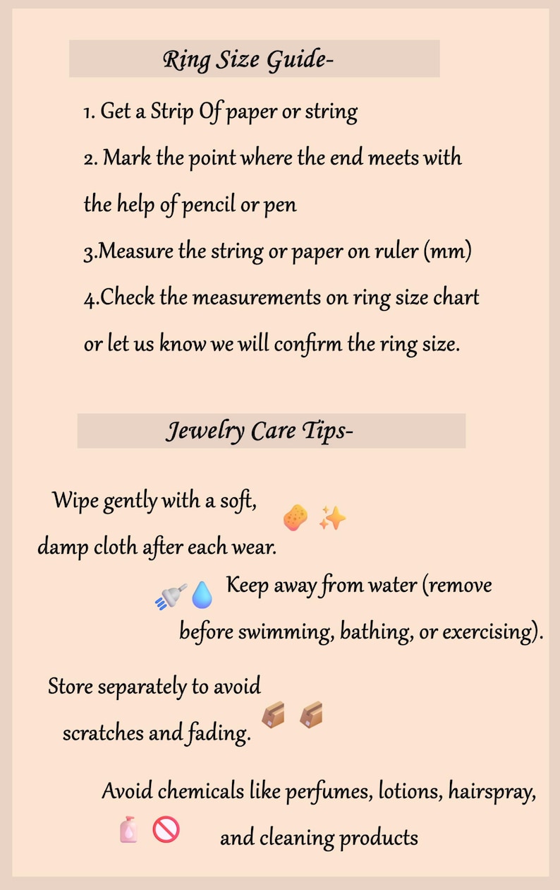 Puede incluir: Una gu&iacute;a de tallas de anillos y consejos para el cuidado de joyas sobre un fondo melocot&oacute;n claro. Las instrucciones incluyen el uso de papel o hilo para medir el tama&ntilde;o del dedo en mil&iacute;metros, y consejos para limpiar y guardar joyas.