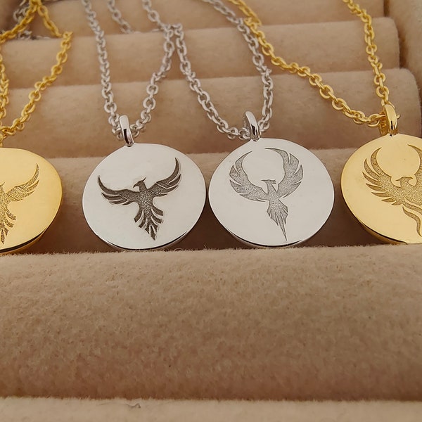 Phoenix Necklace, Silver Phoenix Pendant, Personalized Engraved Disk, Phoenix Jewelry, Phoenix Bird, Phoenix Gifts, Bird Lover Jewelry