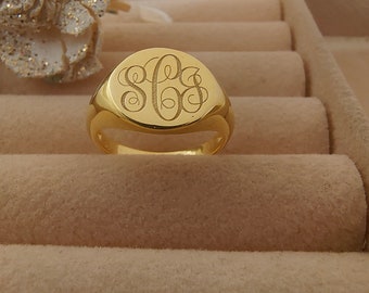 Monogram Ring 14K Gold Signet Ring, Initial Ring, Name Ring, Monogram Jewelry, Womens Ring,12 MM  Initial Engraved Ring, Valentines Day Gift