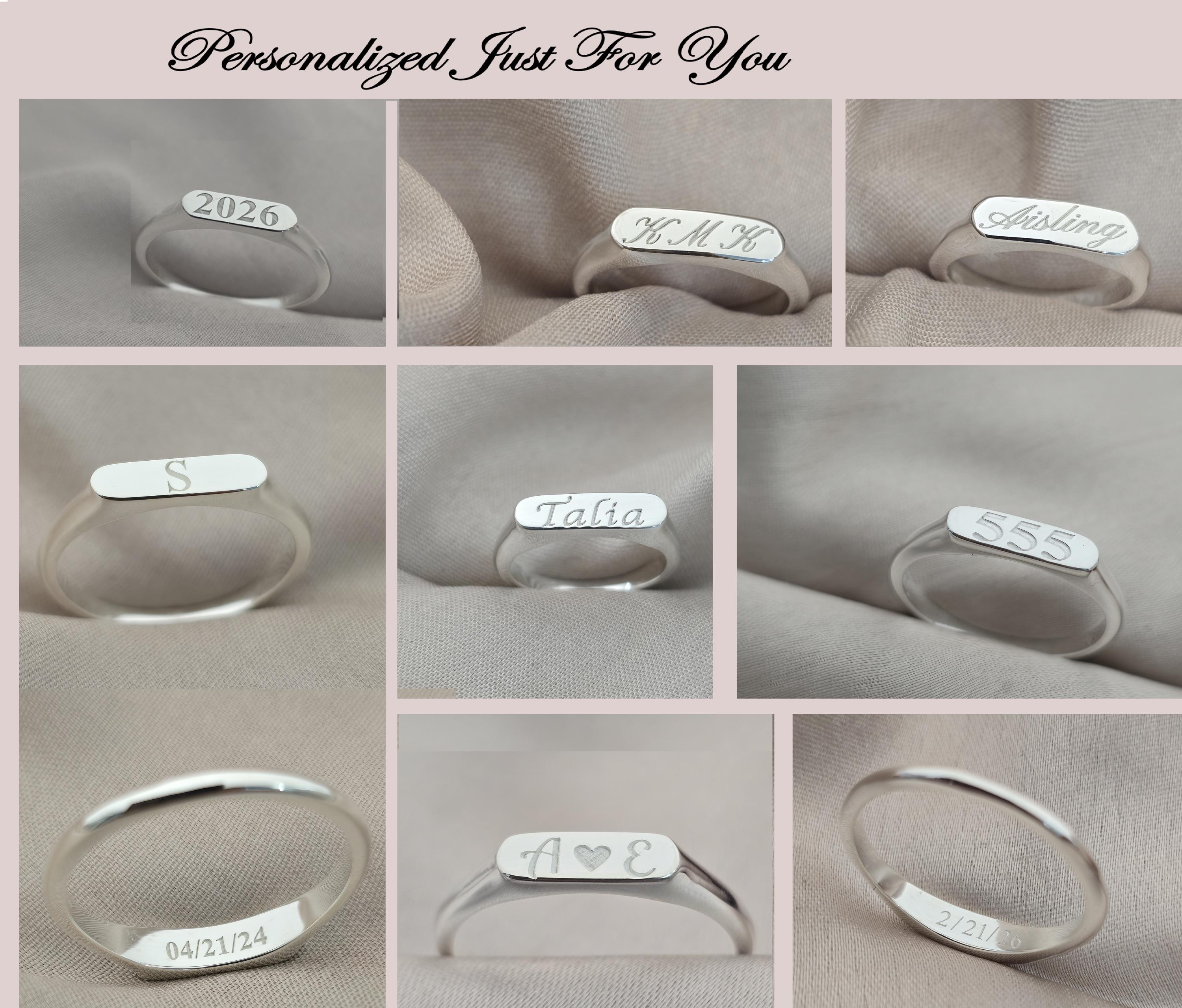 Personalized Name Date Year Initial Engraved Ring | 14K Gold Bar Signet ...