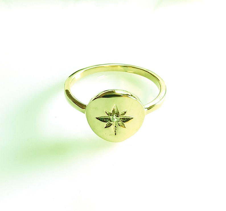 Sterling Silver Signet Ring, Star Signet Ring, CZ Stone Signet Ring, Polaris Ring, Protection Ring, Unique North Star Polar Signet Ring Yellow