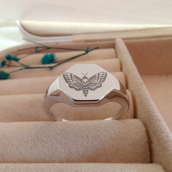 Totenkopf Motte Ring, Käfer Ring, Tod Motte Siegelring, 925 Sterling Silber, Insekt Ring, Tier Ring, Punk Hexe Ring personalisierter Ring