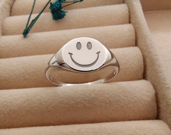 Smiley Face Ring Sterling Silver Happy Face Ring Emoji Ring Smiley Engrave Ring New Year Christmas Happy Holidays Gift with Inside Engraving