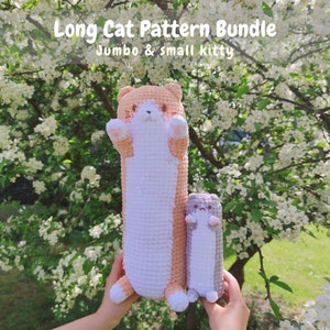 Long Cat Amigurumi bundle, Jumbo long kitty pillow plush, small squishy long kitty, hug me plush, 2 crochet patterns
