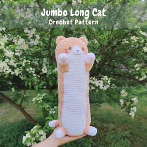 Jumbo Long Cat Amigurumi Pattern, cute crochet cat pattern, big squishmallow plush, kawaii meme pillow animal