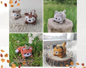 Animal Potato Amigurumi Pattern Bundle, Tiger, wolf, fox, deer plushie, 4 animal crochet patterns