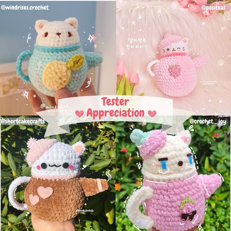 Pu&ograve; includere: Quattro peluche a forma di tazza da t&egrave; di gatto all'uncinetto in diversi colori e design. I peluche indossano tutti cappelli e hanno facce carine. Il testo "Tester Appreciation" &egrave; scritto al centro dell'immagine.