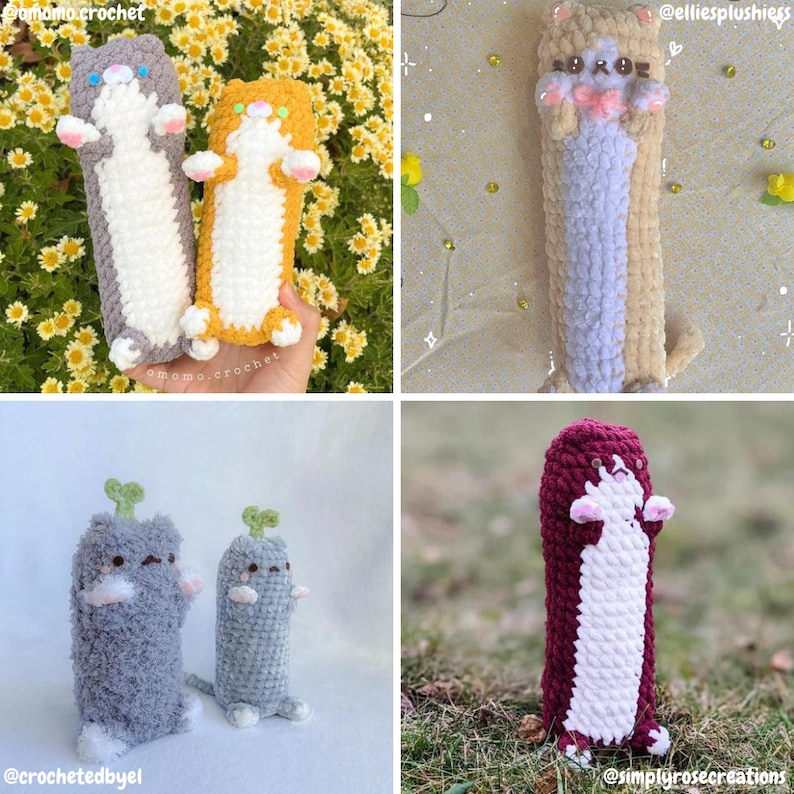 May include: Four crocheted cat plushies in different colors and poses. The plushies are made with a soft, fluffy yarn and have adorable facial features. The plushies are displayed on a variety of backgrounds, including flowers, grass, and a white surface.