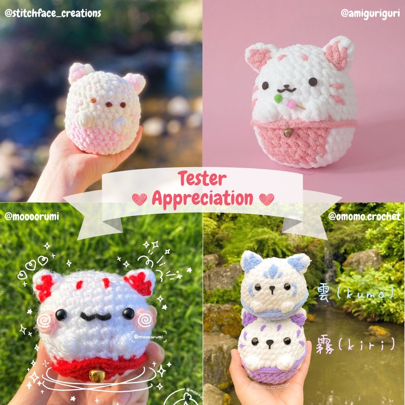 May include: Four crocheted stuffed animals in the shape of cats. The cats are white with pink, red, and blue accents. The cats are holding a small red heart, a small red bell, a small red heart, and a small red bell. The cats are sitting on a green surface. The text "Tester Appreciation" is written in white letters on a pink background.