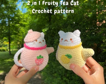 2 in 1 Fruity Tea Cat Crochet Pattern, Tea kitty amigurumi plushie, teapot cat pattern