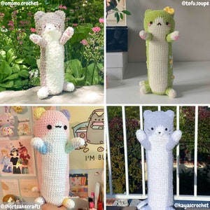May include: Four crocheted cat plushies in different colors. The plushies are long and thin, resembling a pillow. The plushies are in various poses, with their arms and legs outstretched. The plushies are made with a variety of colors, including pink, white, green, and gray.