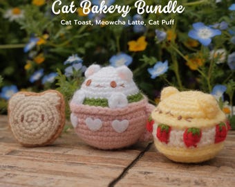 Cat Bakery Pattern Bundle, Cat Puff, Cat Toast, Cat Latte, 3 cute amigurumi patterns