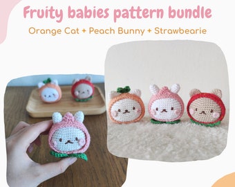 Fruity animals amigurumi pattern, orange cat, peach bunny and strawbearie stressball crochet patterns