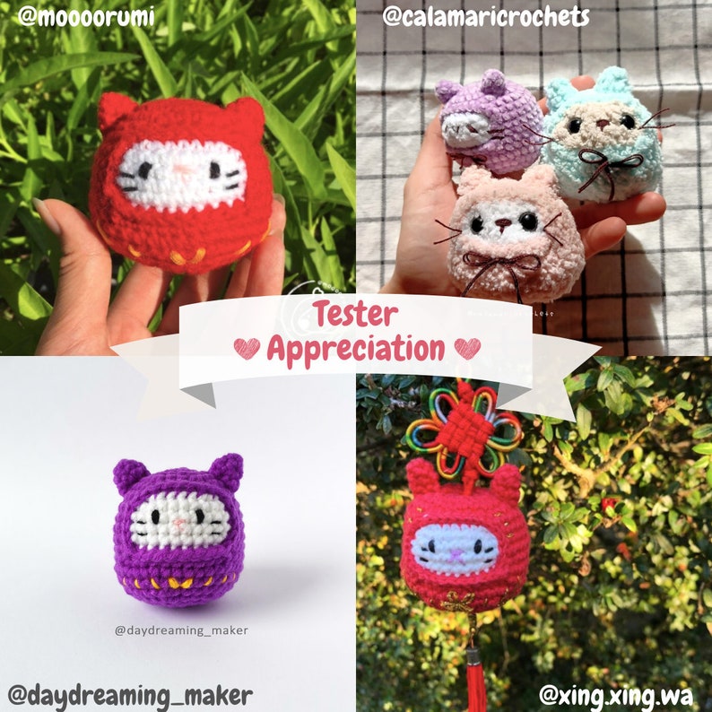 May include: A collage of four images featuring crocheted cat-shaped "Daruma" dolls. The dolls are in various colors, including red, pink, purple, and blue. The text "Tester Appreciation" is featured in the center of the collage.