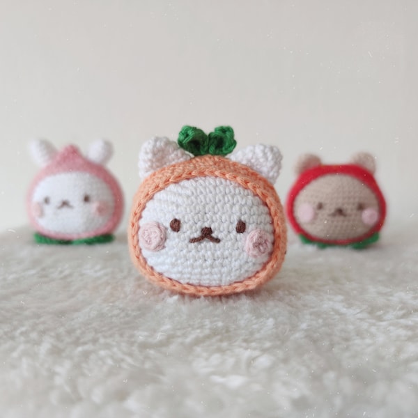 Orange cat amigurumi pattern, small animal fruit plushie, cat stress ball crochet pattern
